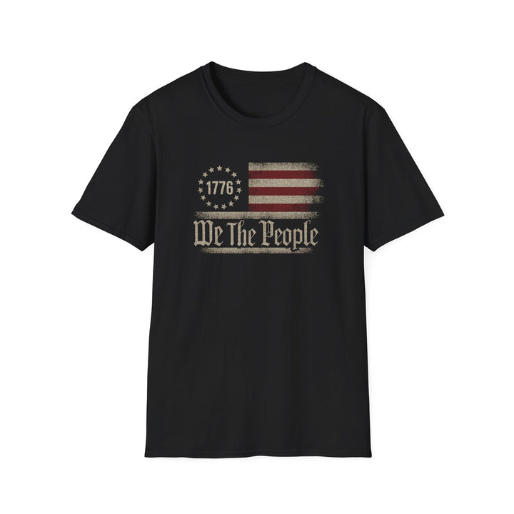 Black unisex t-shirt with a distressed vintage Betsy Ross flag and old-style blackletter text reading We The People with 1776 in the star circle