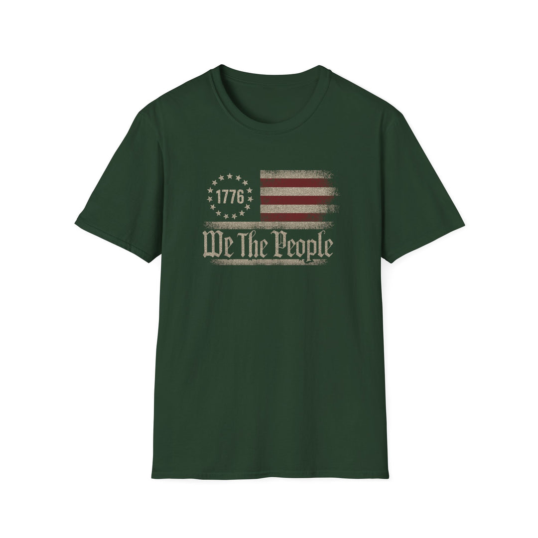 Forest green unisex t-shirt with a distressed vintage Betsy Ross flag and old-style blackletter text reading We The People with 1776 in the star circle