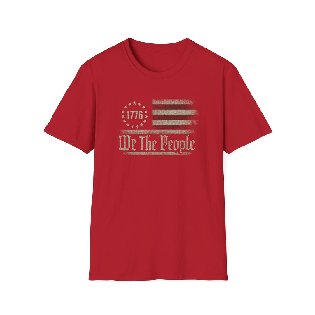 Red unisex t-shirt with a distressed vintage Betsy Ross flag and old-style blackletter text reading We The People with 1776 in the star circle