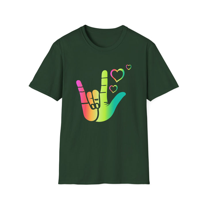 Forest green t-shirt featuring a rainbow gradient ASL I love you hand sign with floating hearts