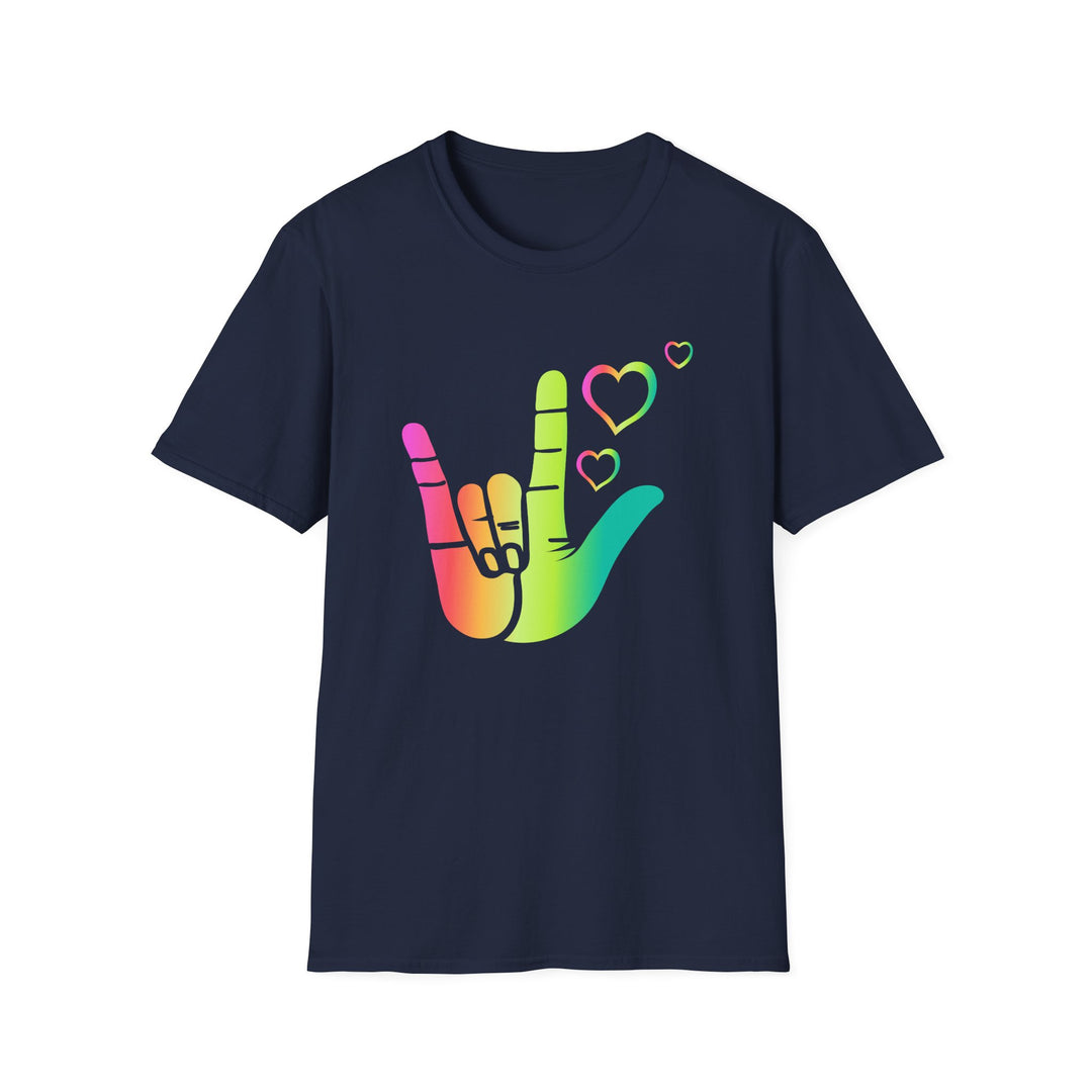 Navy t-shirt featuring a rainbow gradient ASL I love you hand sign with floating hearts