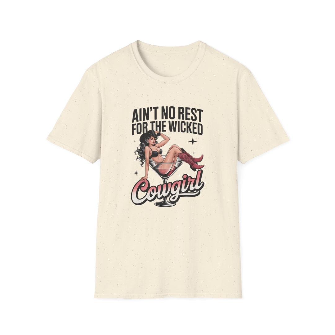 Natural unisex t-shirt with a retro pin-up cowgirl in a martini glass illustration and bold text reading Ain&