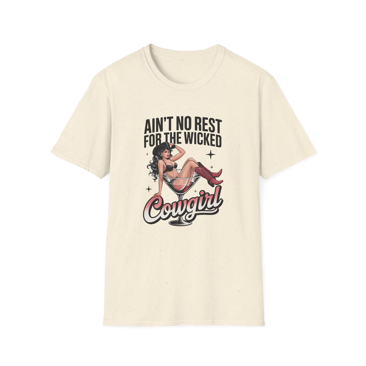 Natural unisex t-shirt with a retro pin-up cowgirl in a martini glass illustration and bold text reading Ain&