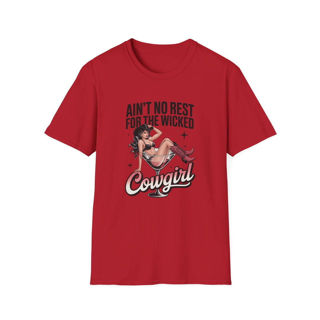 Red unisex t-shirt with a retro pin-up cowgirl in a martini glass illustration and bold text reading Ain&