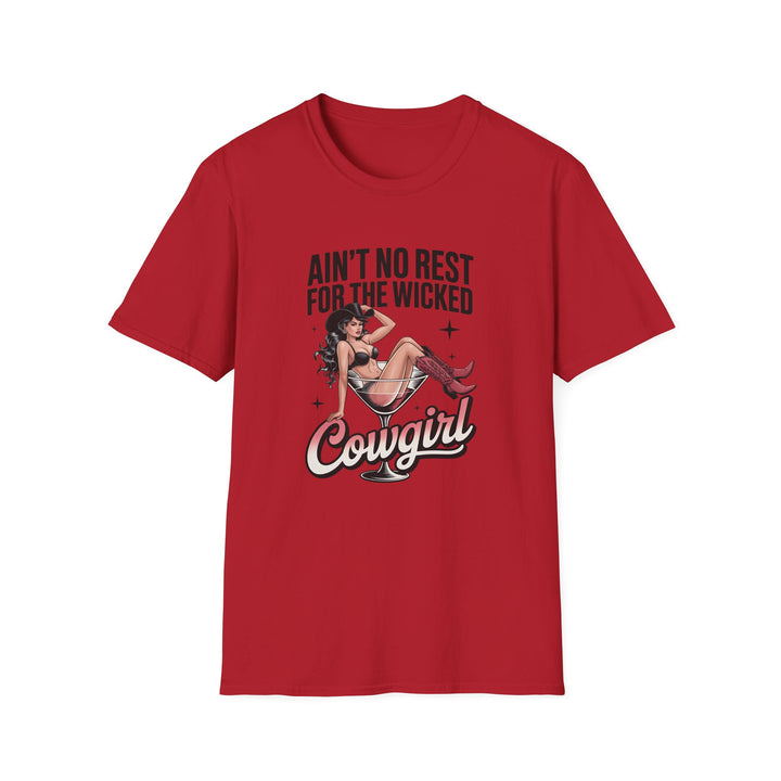Red unisex t-shirt with a retro pin-up cowgirl in a martini glass illustration and bold text reading Ain&