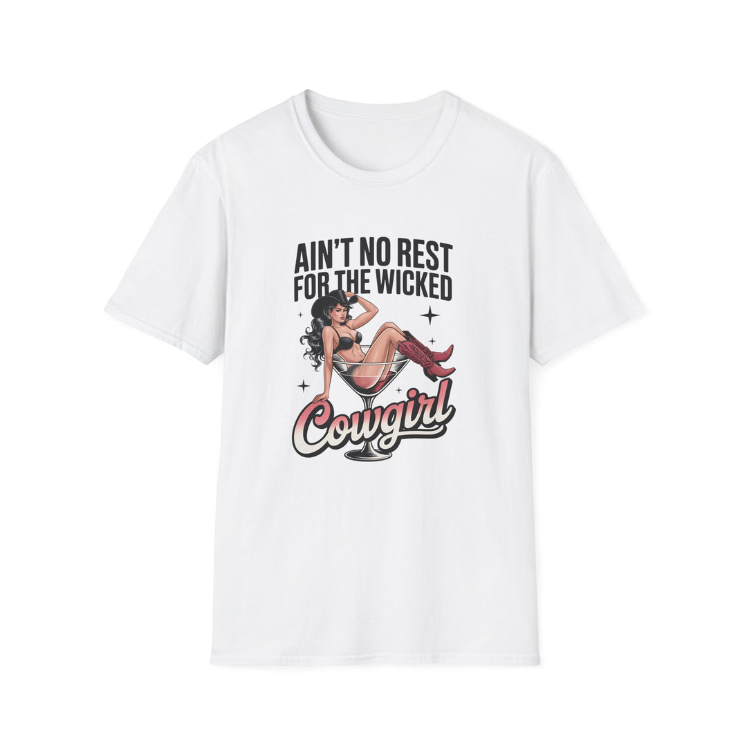 White unisex t-shirt with a retro pin-up cowgirl in a martini glass illustration and bold text reading Ain&