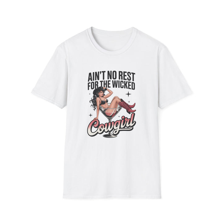 White unisex t-shirt with a retro pin-up cowgirl in a martini glass illustration and bold text reading Ain&