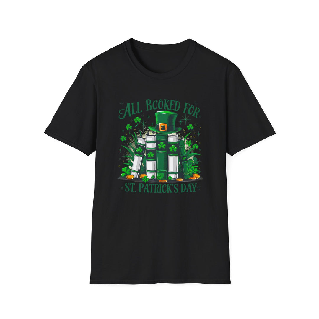 Black unisex t-shirt with an illustrated stack of green books topped with a leprechaun hat surrounded by shamrocks and the text All Booked for St. Patrick's Day