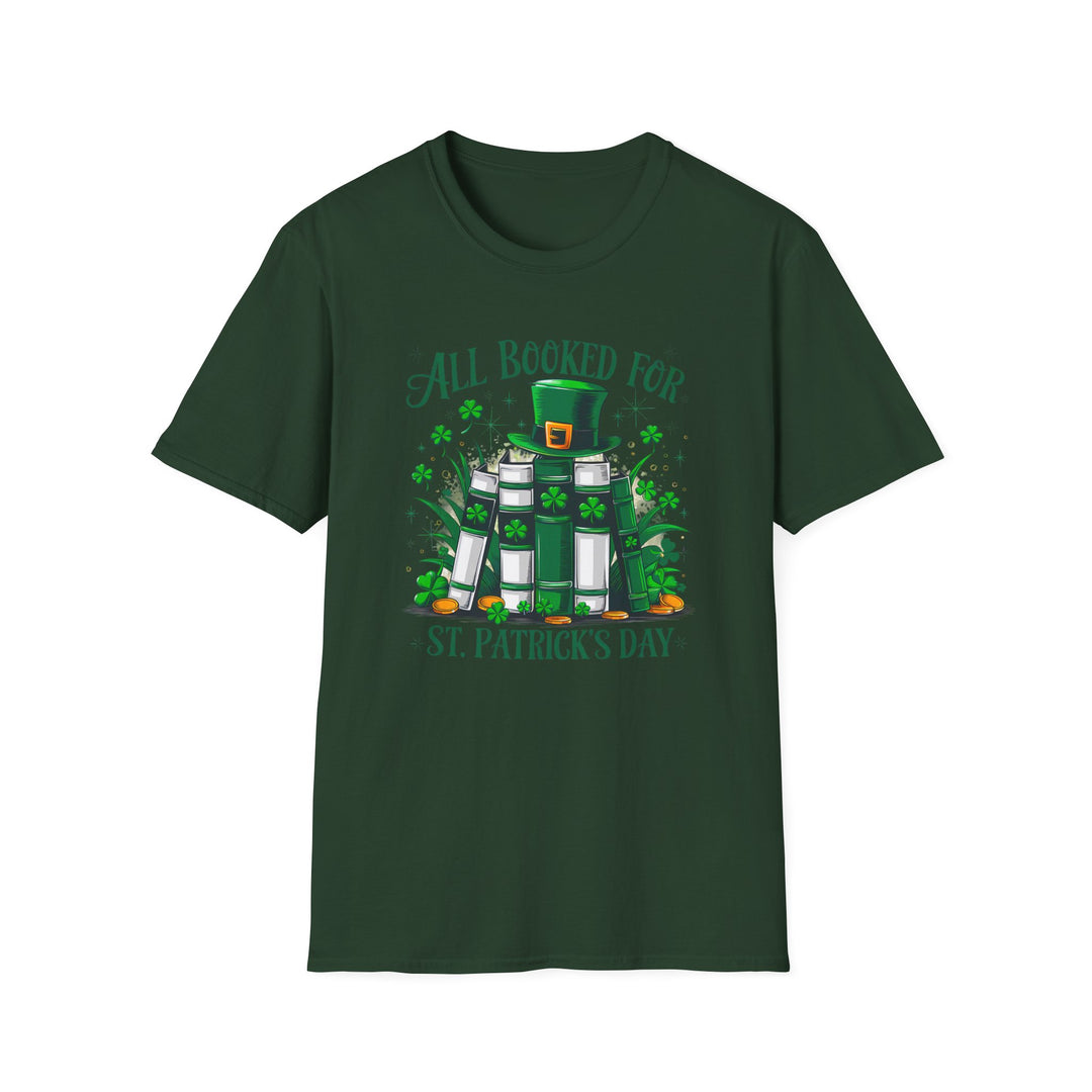 Forest green unisex t-shirt with an illustrated stack of green books topped with a leprechaun hat surrounded by shamrocks and the text All Booked for St. Patrick&