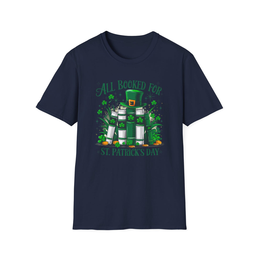 Navy unisex t-shirt with an illustrated stack of green books topped with a leprechaun hat surrounded by shamrocks and the text All Booked for St. Patrick&