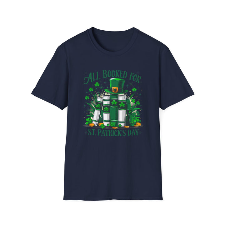 Navy unisex t-shirt with an illustrated stack of green books topped with a leprechaun hat surrounded by shamrocks and the text All Booked for St. Patrick&