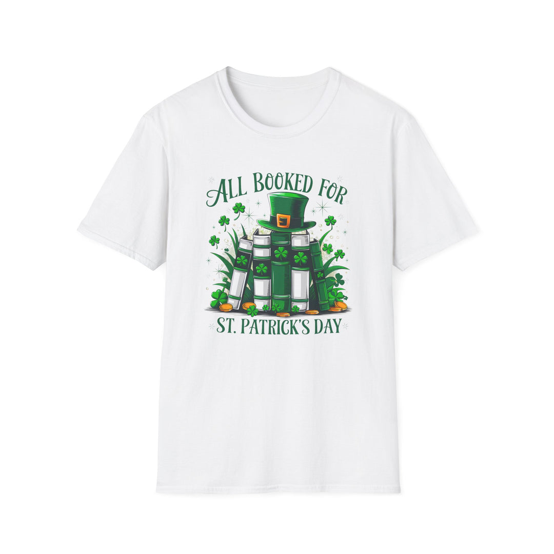 White unisex t-shirt with an illustrated stack of green books topped with a leprechaun hat surrounded by shamrocks and the text All Booked for St. Patrick&