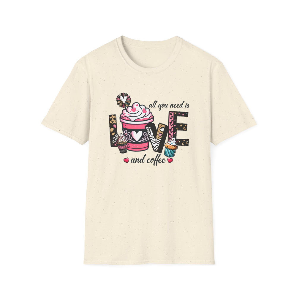 Natural unisex t-shirt with whimsical illustrated LOVE lettering featuring a pink coffee cup and cupcakes with text reading All You Need Is Love and Coffee