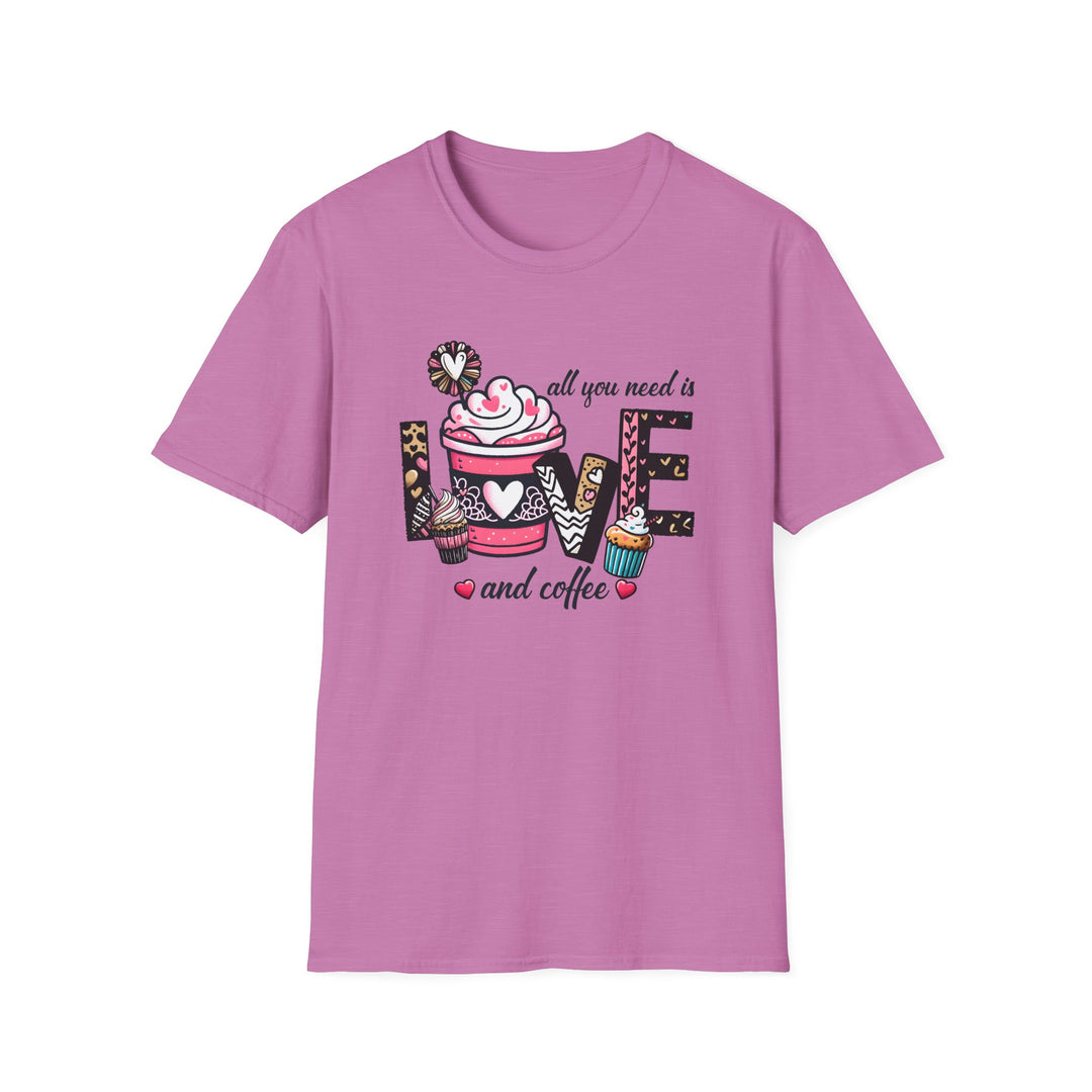 Orchid unisex t-shirt with whimsical illustrated LOVE lettering featuring a pink coffee cup and cupcakes with text reading All You Need Is Love and Coffee