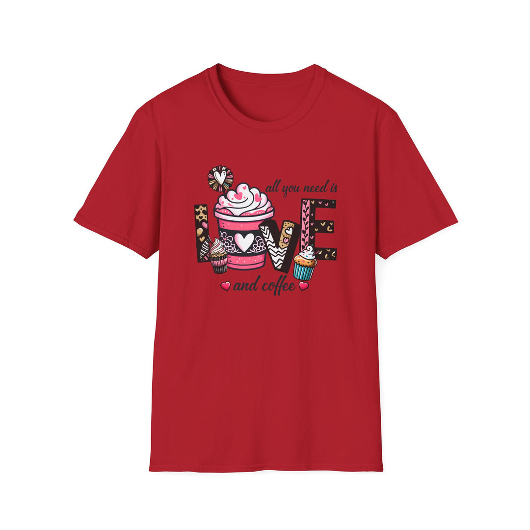 Red unisex t-shirt with whimsical illustrated LOVE lettering featuring a pink coffee cup and cupcakes with text reading All You Need Is Love and Coffee