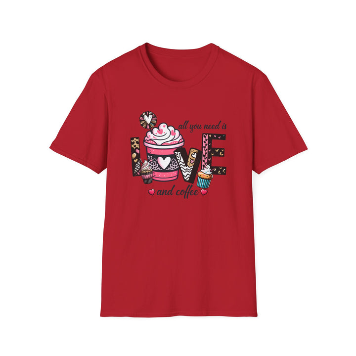 Red unisex t-shirt with whimsical illustrated LOVE lettering featuring a pink coffee cup and cupcakes with text reading All You Need Is Love and Coffee
