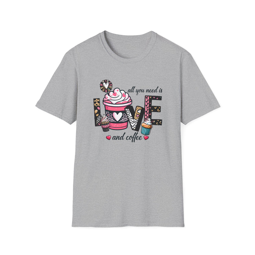 Sport grey unisex t-shirt with whimsical illustrated LOVE lettering featuring a pink coffee cup and cupcakes with text reading All You Need Is Love and Coffee