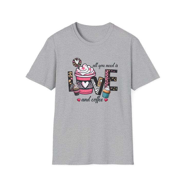 Sport grey unisex t-shirt with whimsical illustrated LOVE lettering featuring a pink coffee cup and cupcakes with text reading All You Need Is Love and Coffee
