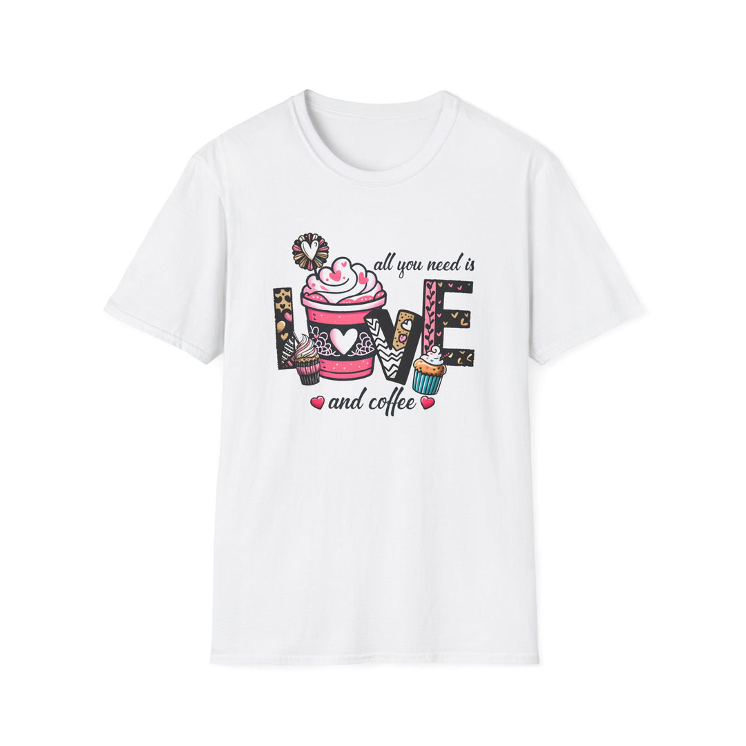 White unisex t-shirt with whimsical illustrated LOVE lettering featuring a pink coffee cup and cupcakes with text reading All You Need Is Love and Coffee