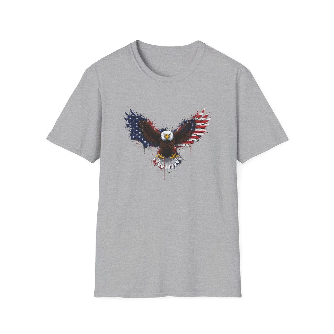 Gray t-shirt featuring a bald eagle with wings spread wide, decorated with American flag stars and stripes in a bold watercolor splatter design