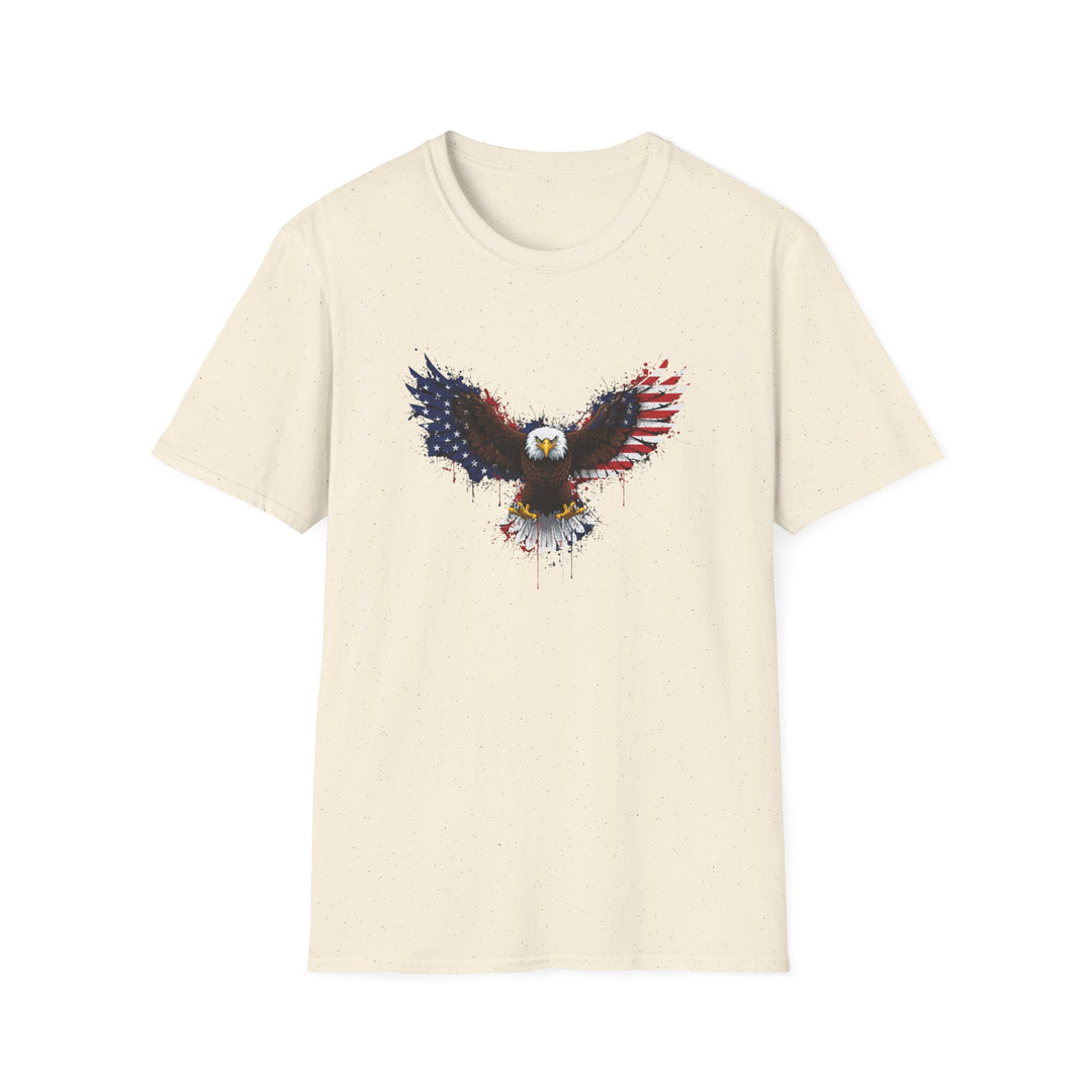 Natural cream t-shirt featuring a bald eagle with wings spread wide, designed with American flag stars and stripes in a watercolor splatter style