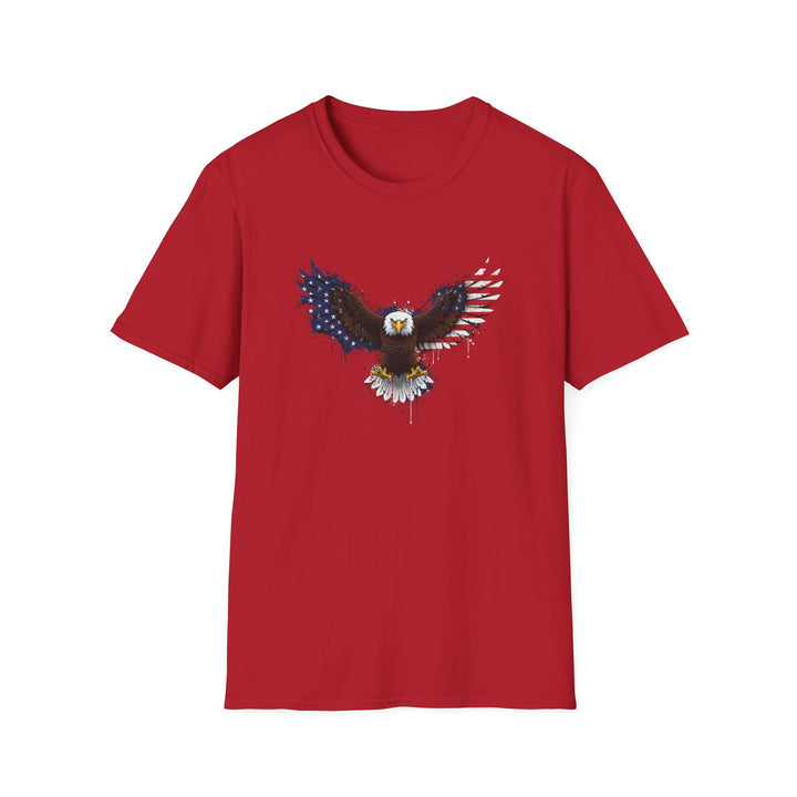Red t-shirt featuring a bold bald eagle with wings spread wide, designed with American flag stars and stripes in a watercolor drip art style