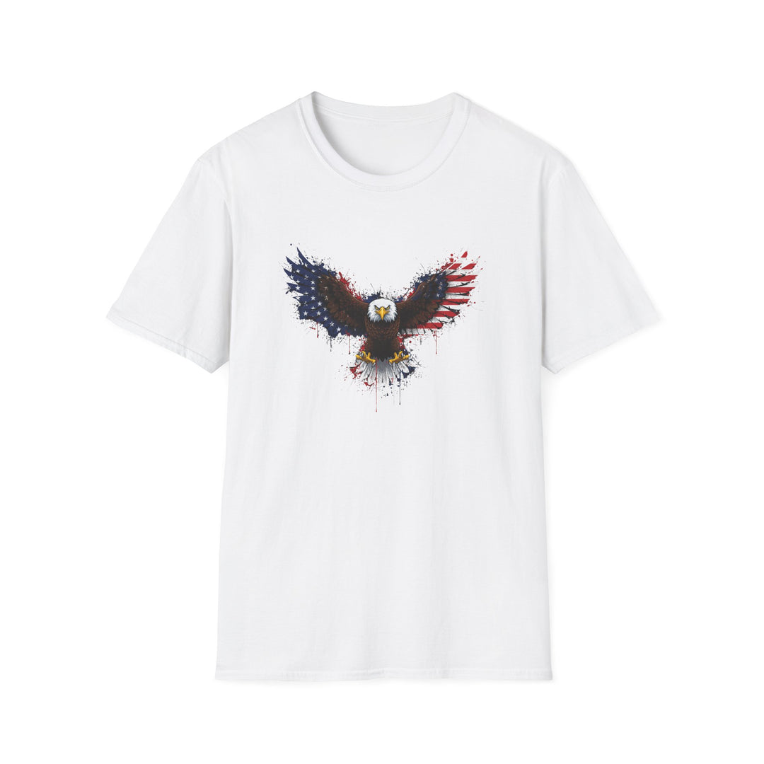 White t-shirt featuring a bald eagle with wings spread wide, designed with American flag stars and stripes in a vivid watercolor splatter art style