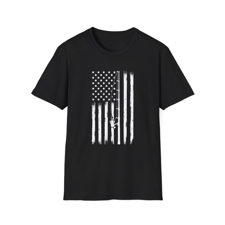 Black unisex t-shirt with a distressed white vertical American flag and a diagonal fishing rod with reel silhouette across the chest