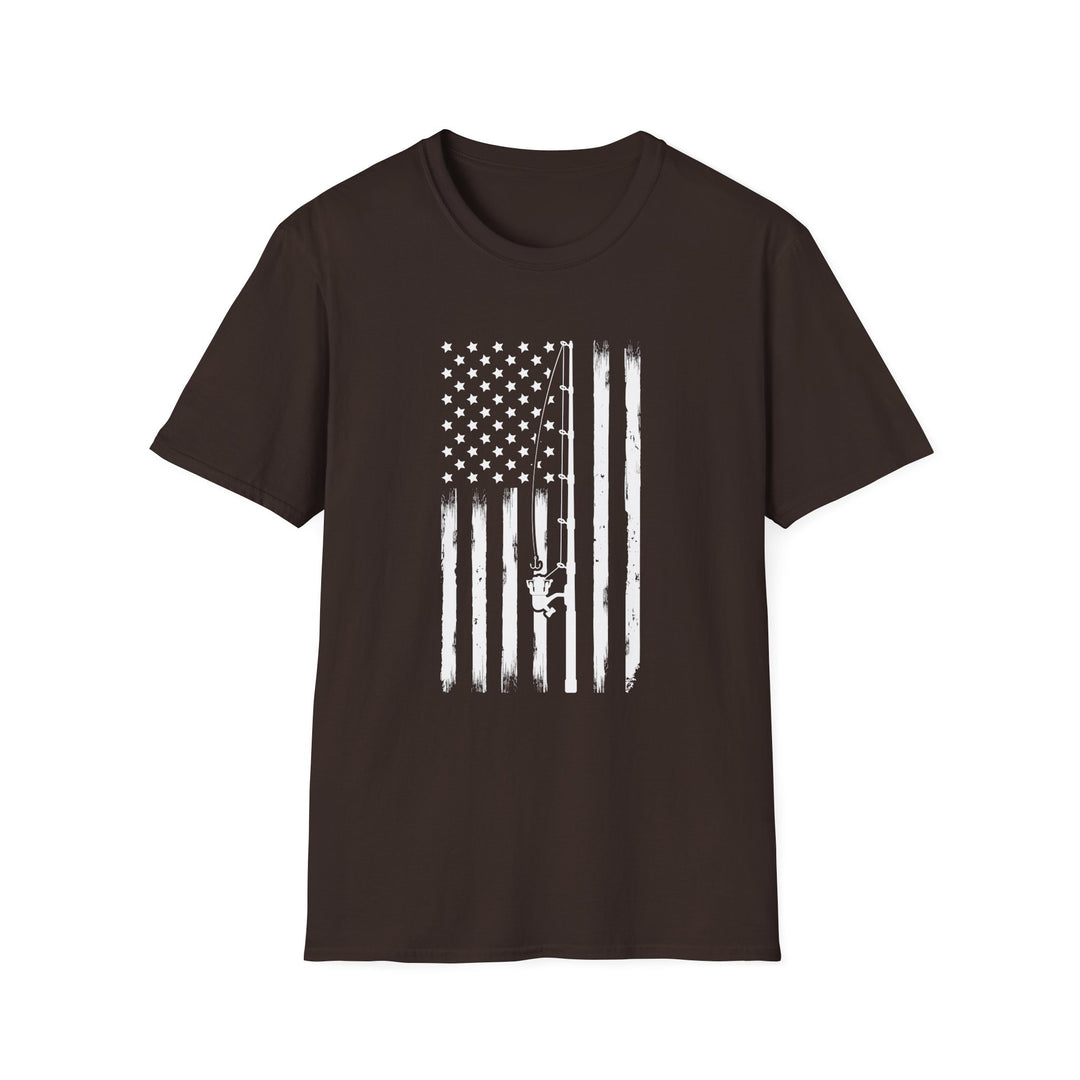 Dark chocolate unisex t-shirt with a distressed white vertical American flag and a diagonal fishing rod with reel silhouette across the chest