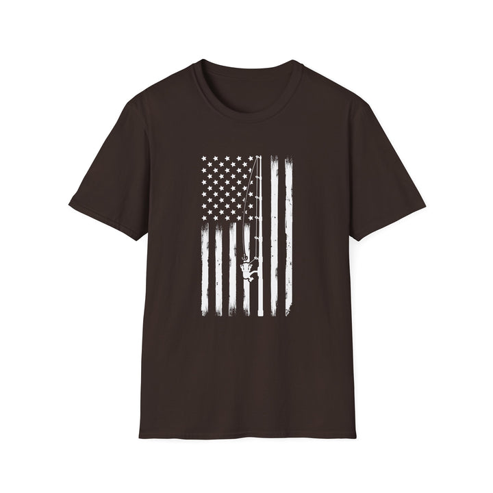 Dark chocolate unisex t-shirt with a distressed white vertical American flag and a diagonal fishing rod with reel silhouette across the chest
