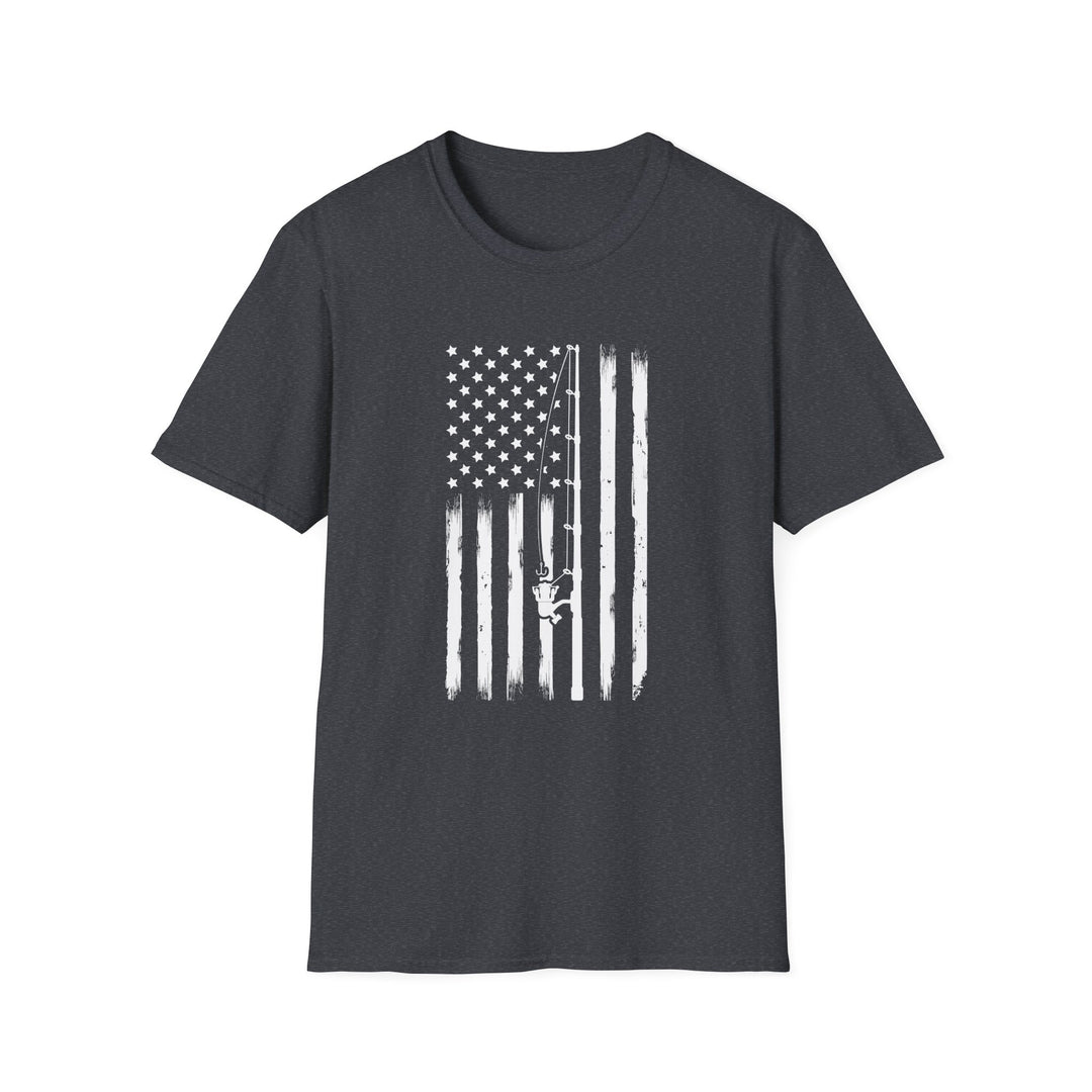 Dark heather unisex t-shirt with a distressed white vertical American flag and a diagonal fishing rod with reel silhouette across the chest