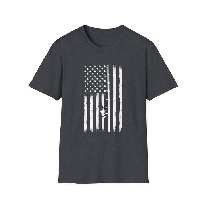 Dark heather unisex t-shirt with a distressed white vertical American flag and a diagonal fishing rod with reel silhouette across the chest