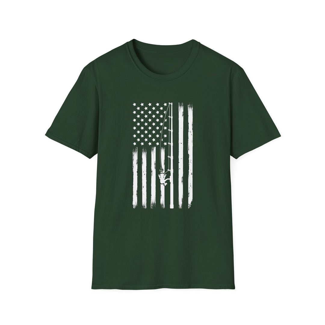 Forest green unisex t-shirt with a distressed white vertical American flag and a diagonal fishing rod with reel silhouette across the chest