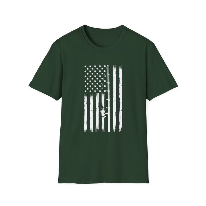 Forest green unisex t-shirt with a distressed white vertical American flag and a diagonal fishing rod with reel silhouette across the chest