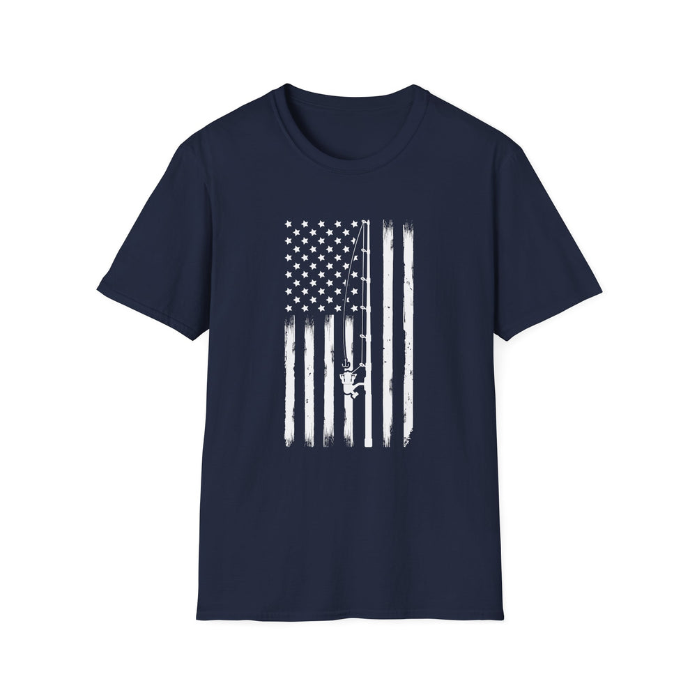 Navy unisex t-shirt with a distressed white vertical American flag and a diagonal fishing rod with reel silhouette across the chest