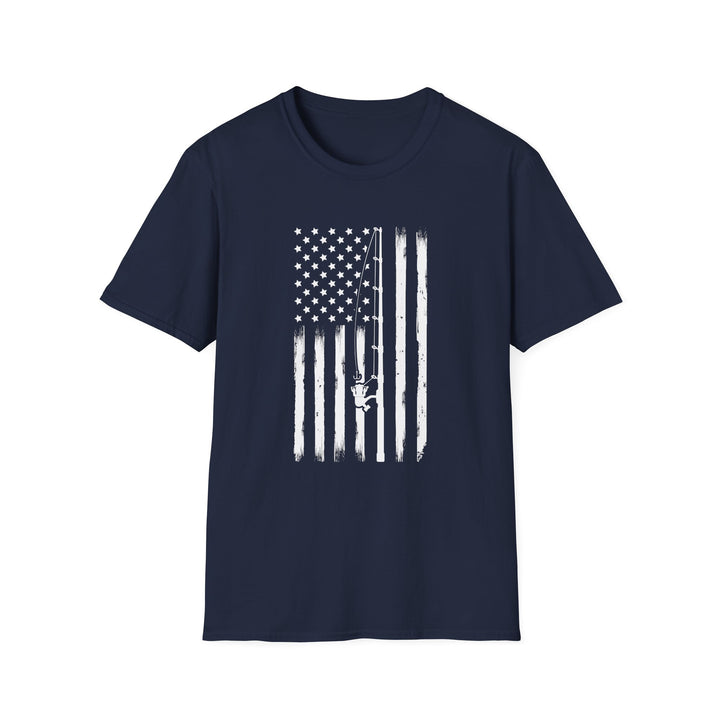 Navy unisex t-shirt with a distressed white vertical American flag and a diagonal fishing rod with reel silhouette across the chest