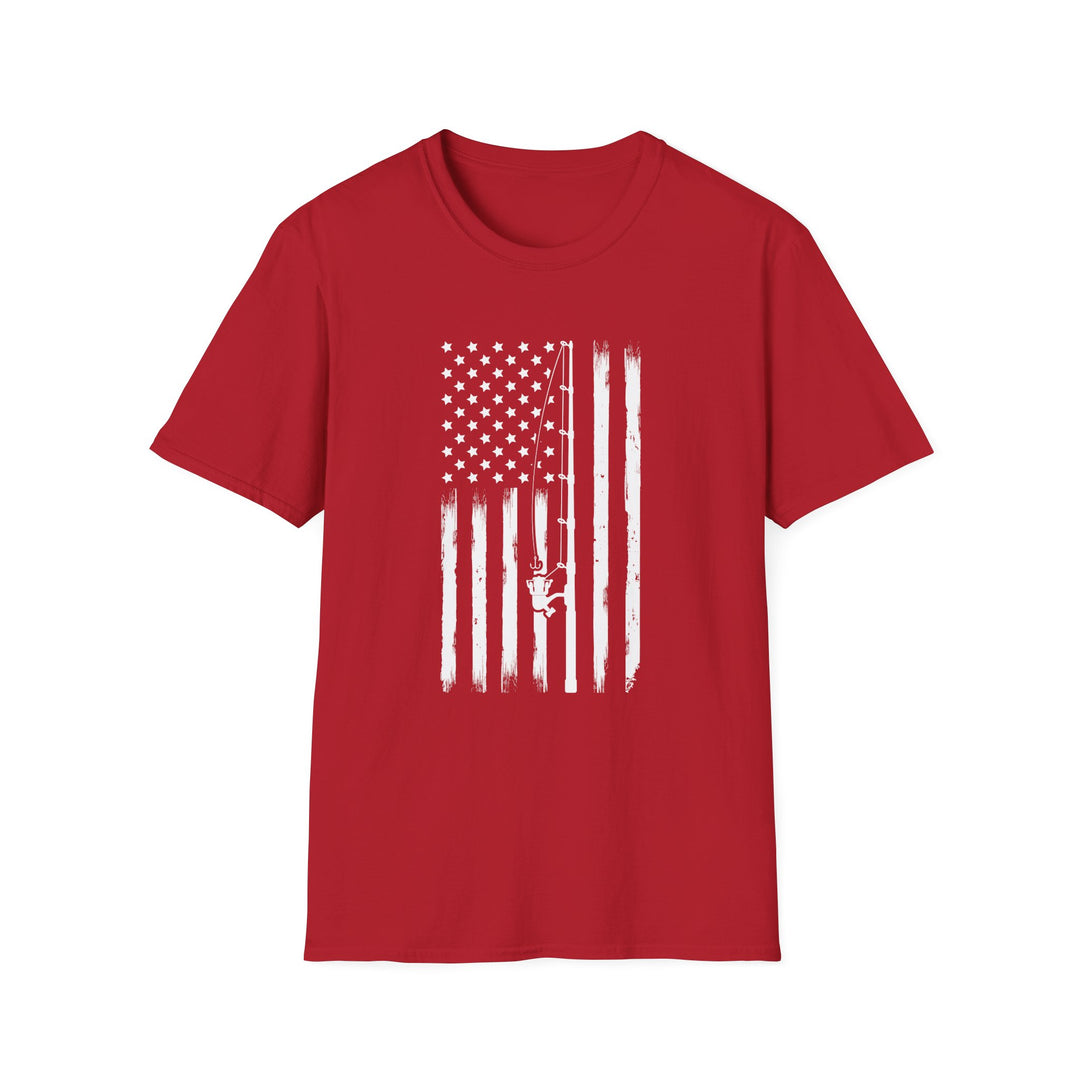 Red unisex t-shirt with a distressed white vertical American flag and a diagonal fishing rod with reel silhouette across the chest