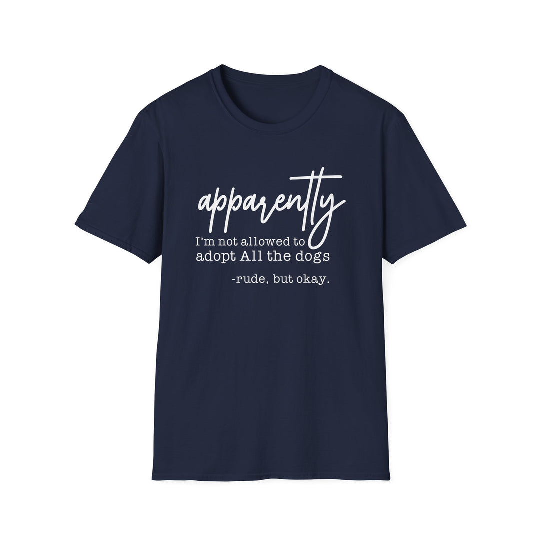 Navy t-shirt with white script text reading apparently I&