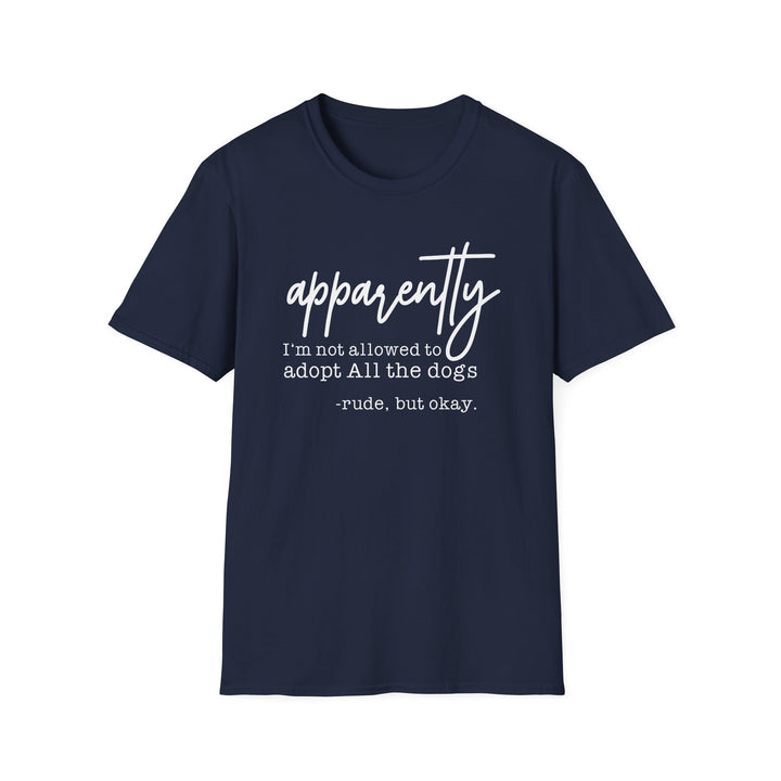 Navy t-shirt with white script text reading apparently I&