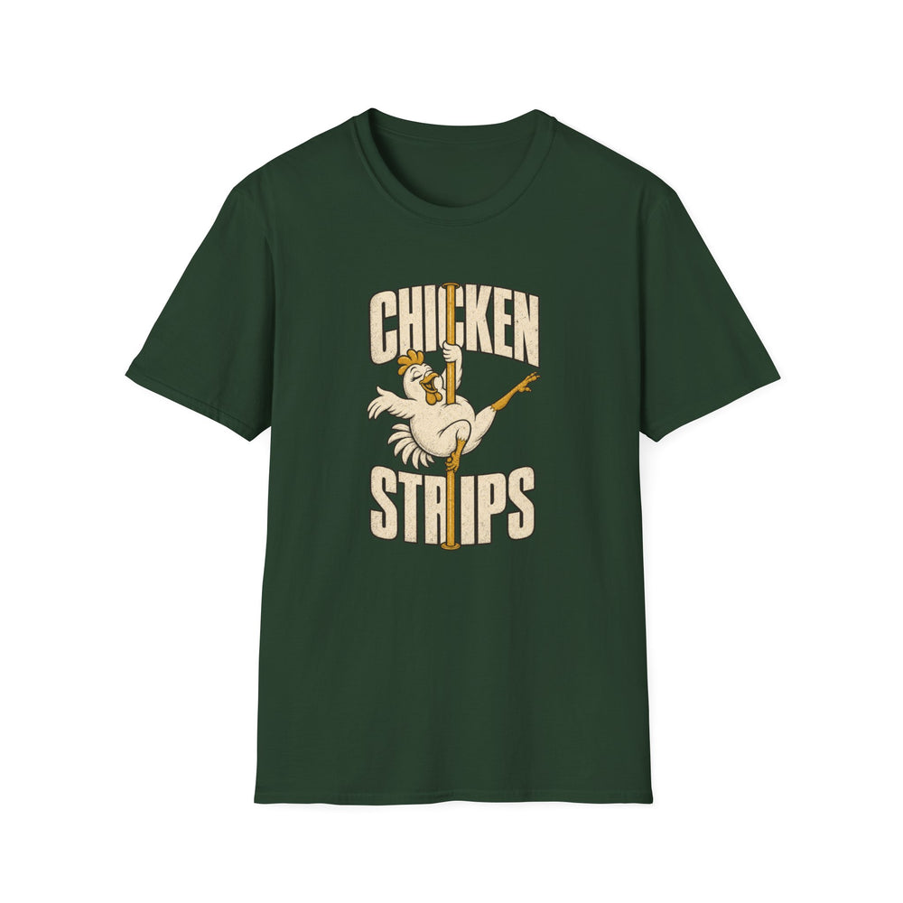 Forest green t-shirt featuring a cartoon chicken on a pole with vintage distressed lettering reading chicken strips