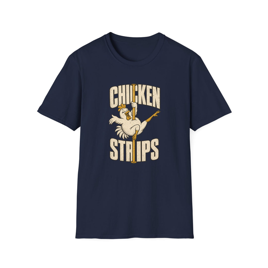 Navy t-shirt featuring a cartoon chicken on a pole with vintage distressed lettering reading chicken strips