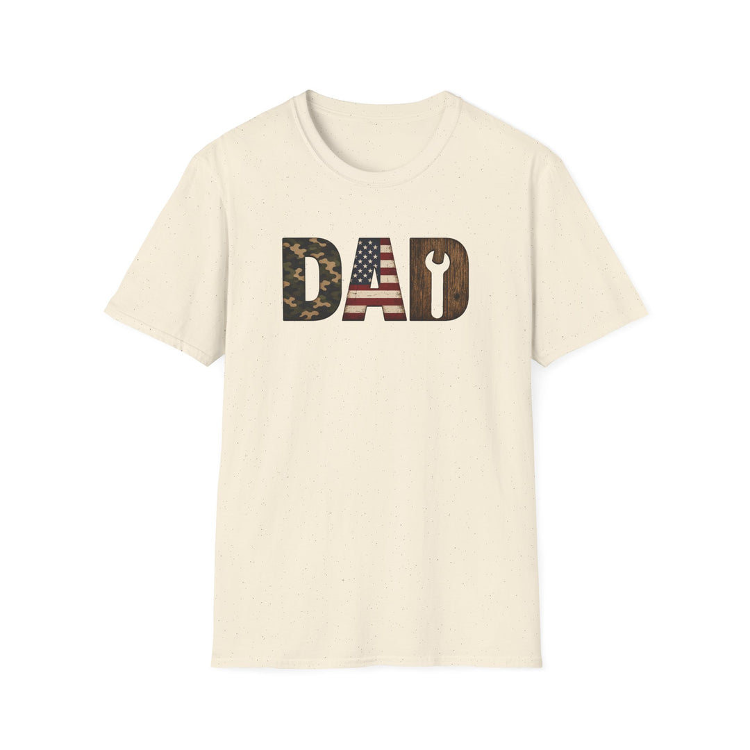 Natural unisex t-shirt with bold DAD lettering filled with camo print, an American flag, and woodgrain with a wrench cutout