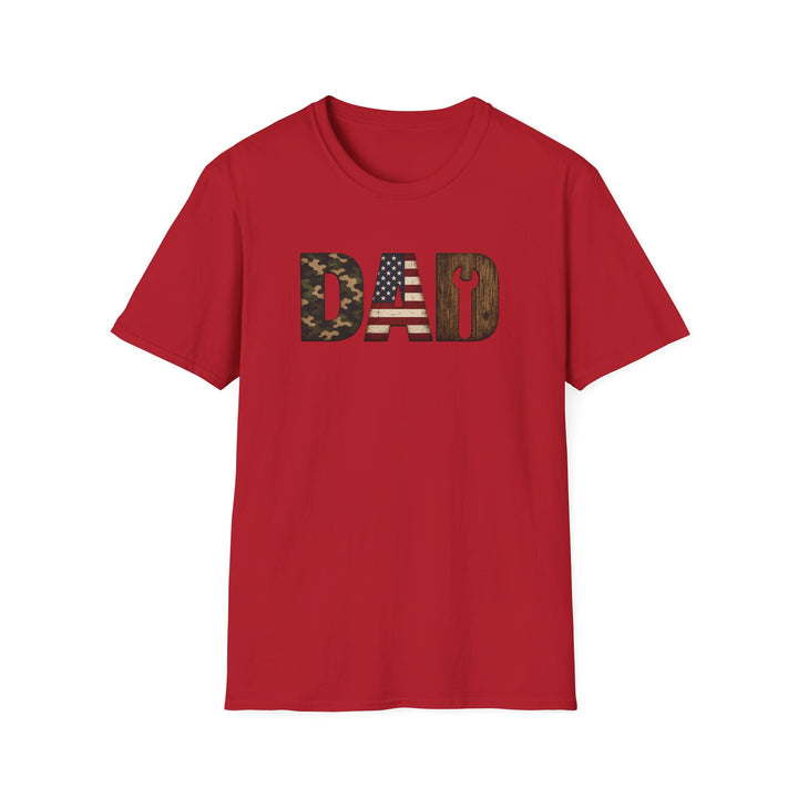 Red unisex t-shirt with bold DAD lettering filled with camo print, an American flag, and woodgrain with a wrench cutout