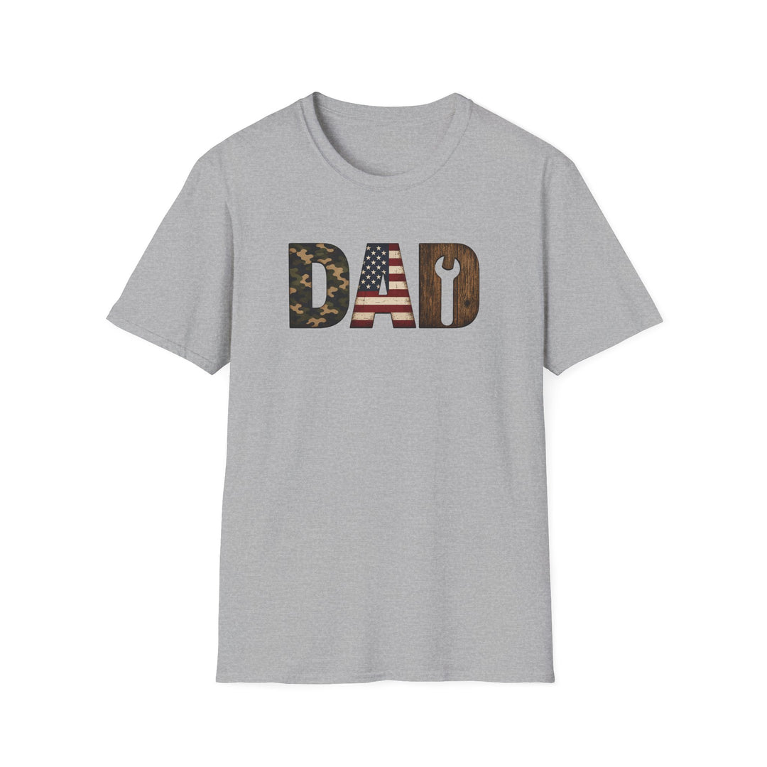Sport grey unisex t-shirt with bold DAD lettering filled with camo print, an American flag, and woodgrain with a wrench cutout