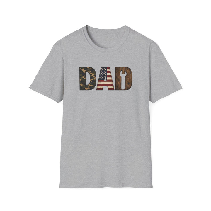 Sport grey unisex t-shirt with bold DAD lettering filled with camo print, an American flag, and woodgrain with a wrench cutout