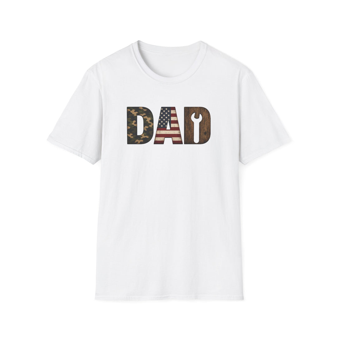 White unisex t-shirt with bold DAD lettering filled with camo print, an American flag, and woodgrain with a wrench cutout