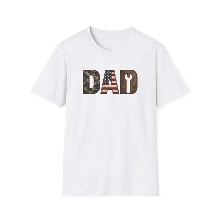 White unisex t-shirt with bold DAD lettering filled with camo print, an American flag, and woodgrain with a wrench cutout
