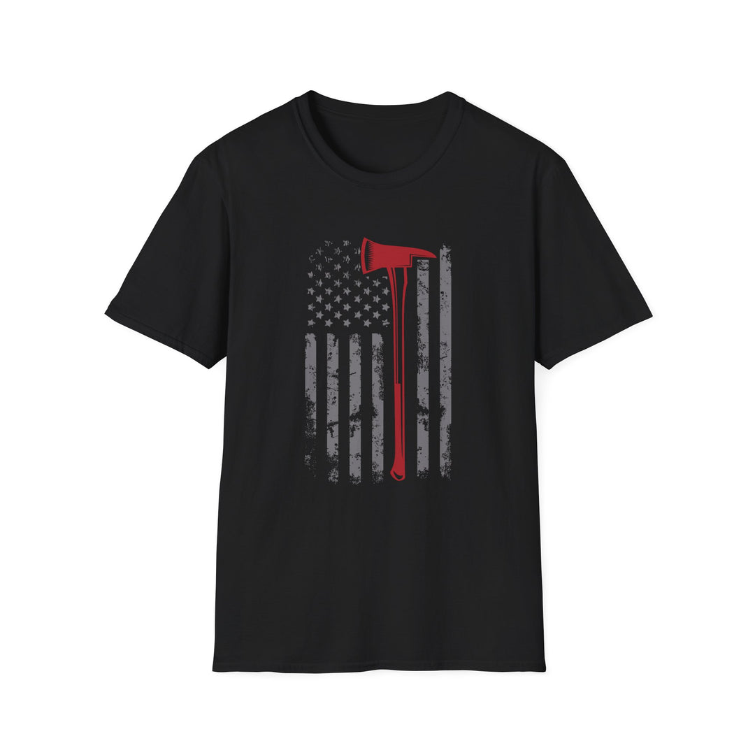 Black unisex t-shirt with a distressed vertical American flag and a bold red firefighter axe silhouette centered on the chest
