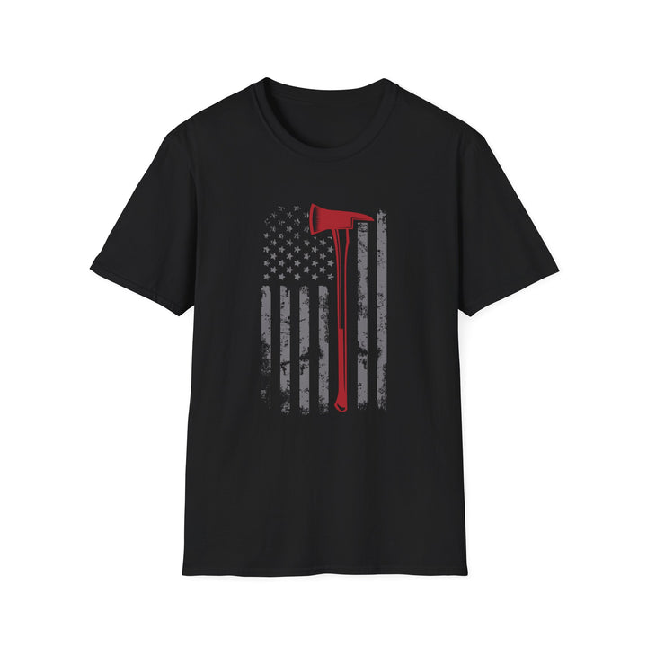 Black unisex t-shirt with a distressed vertical American flag and a bold red firefighter axe silhouette centered on the chest