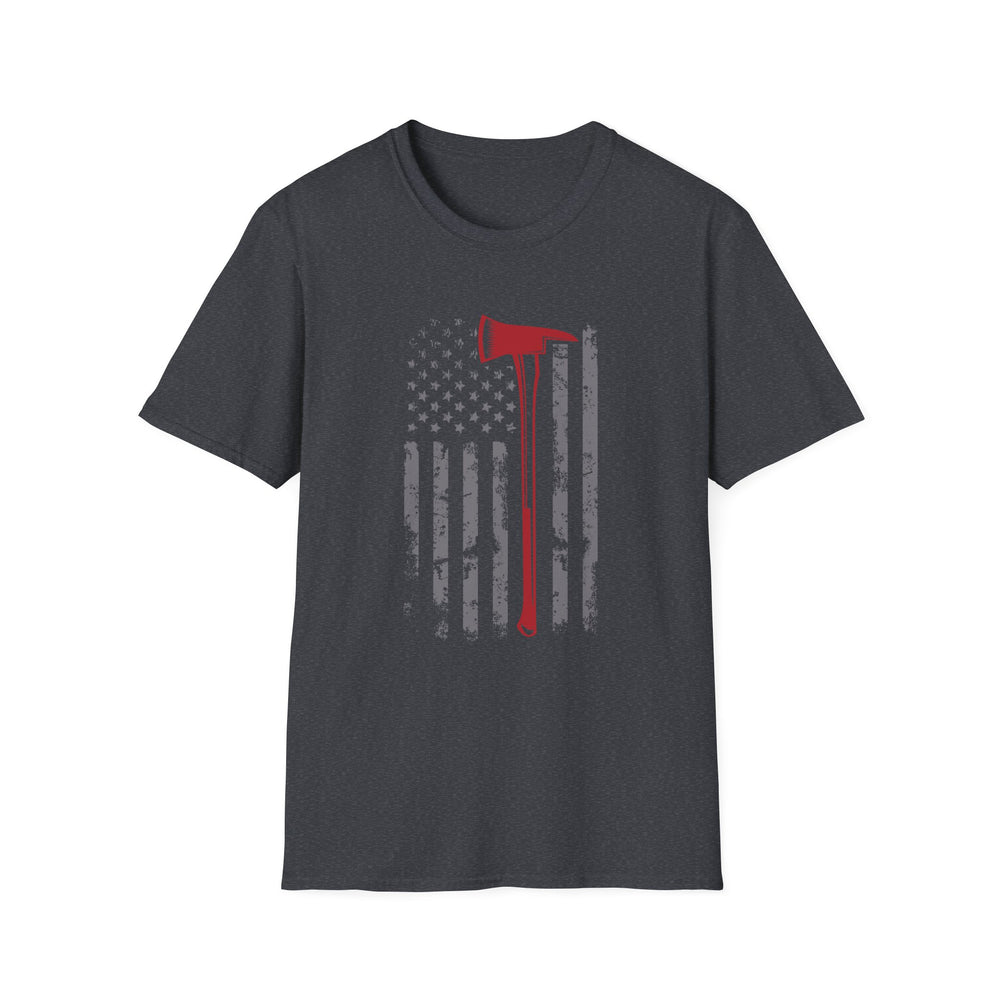 Dark heather unisex t-shirt with a distressed vertical American flag and a bold red firefighter axe silhouette centered on the chest